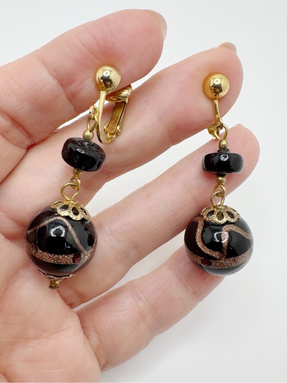 Vintage Murano Glass Capped Bead Clip-On Earrings Black and Gold Aventurine